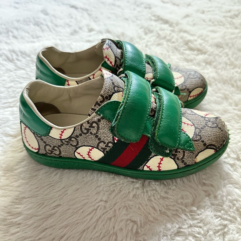 Gucci Ace Baseball Print GG Supreme Kids Sneakers size 11 US/28 EU green